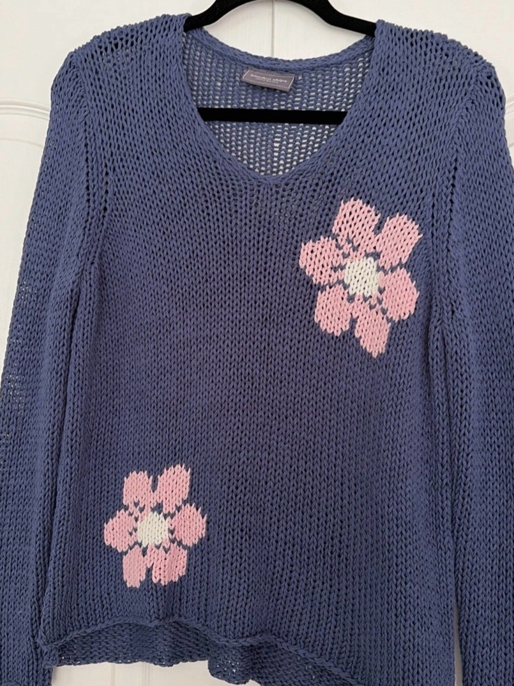 Wooden Ships Blue Knit V-Neck Sweater with Pink Flower Motifs